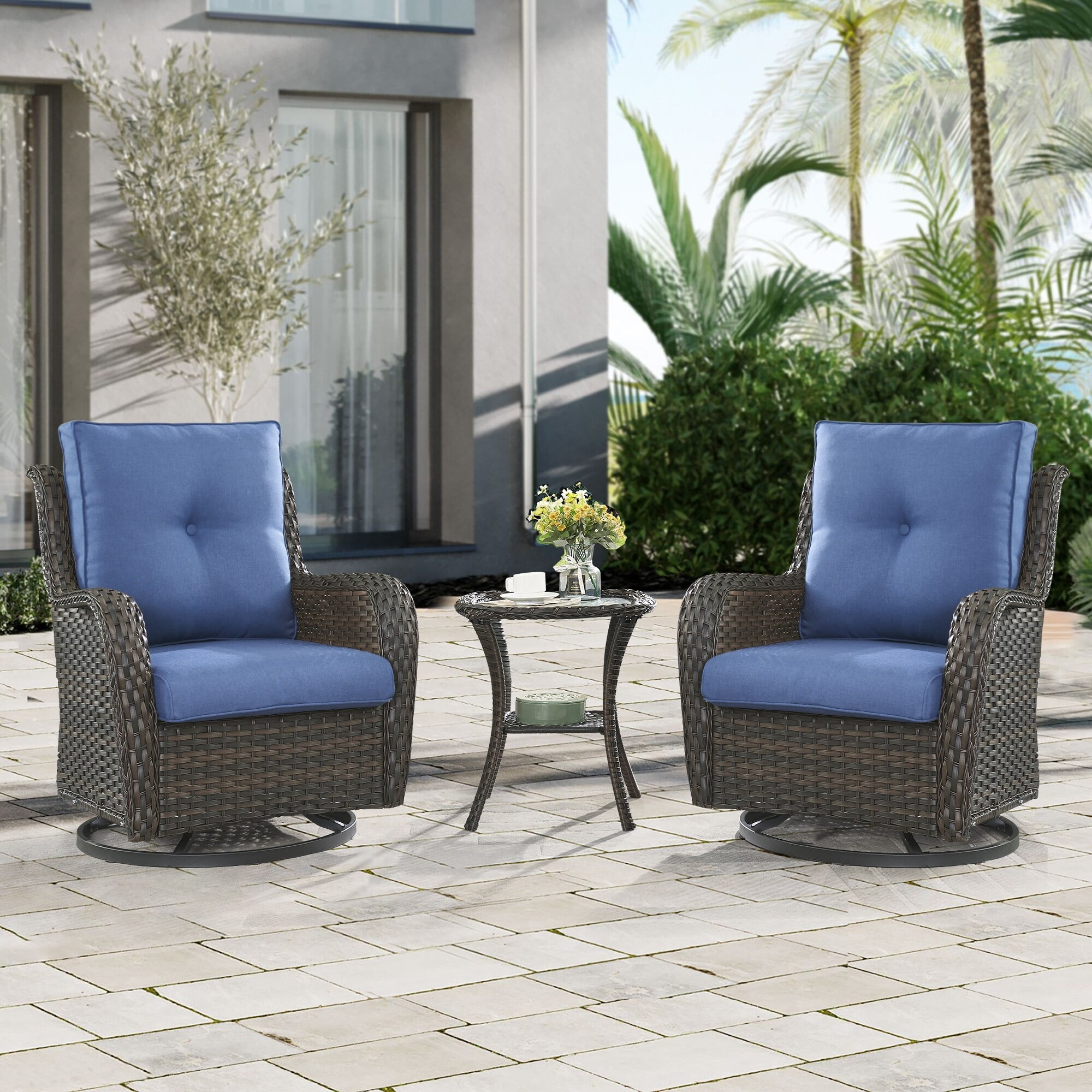 Brown Wicker Outdoor Swivel Rocker Set with Blue Cushions