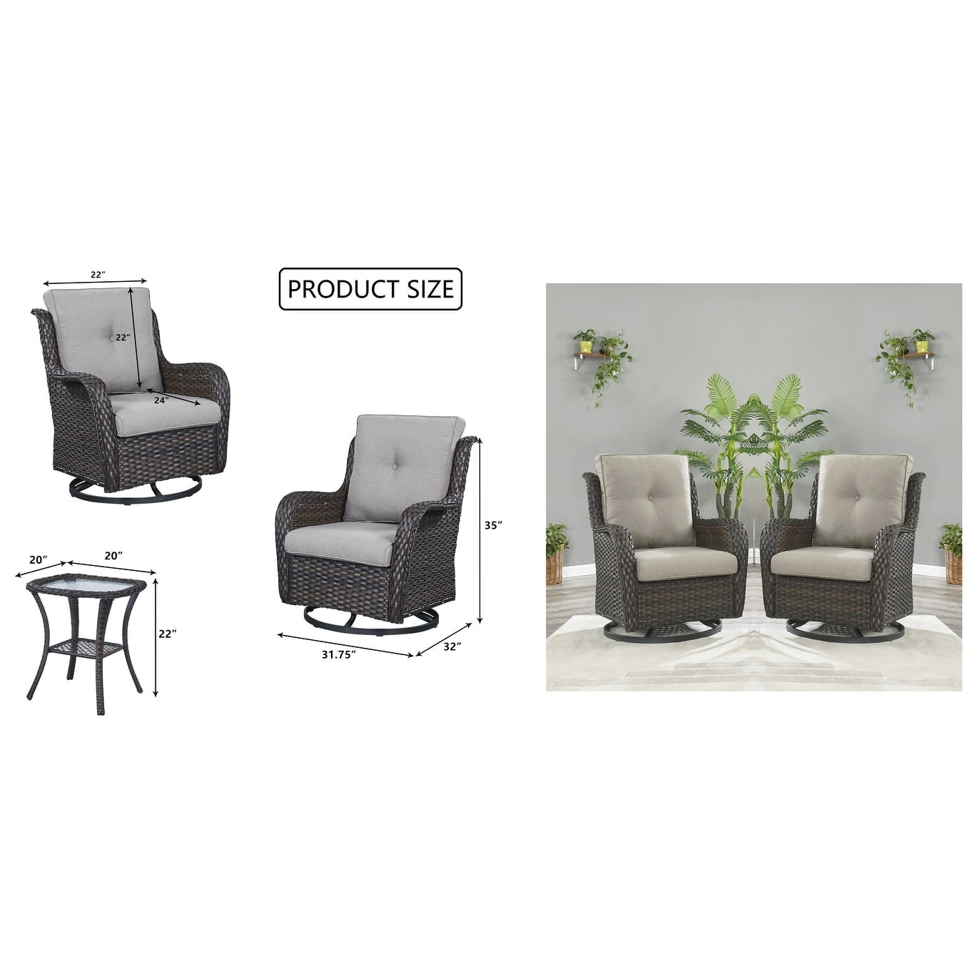 Brown and Grey Outdoor Wicker Swivel Rocker Set with Cushions