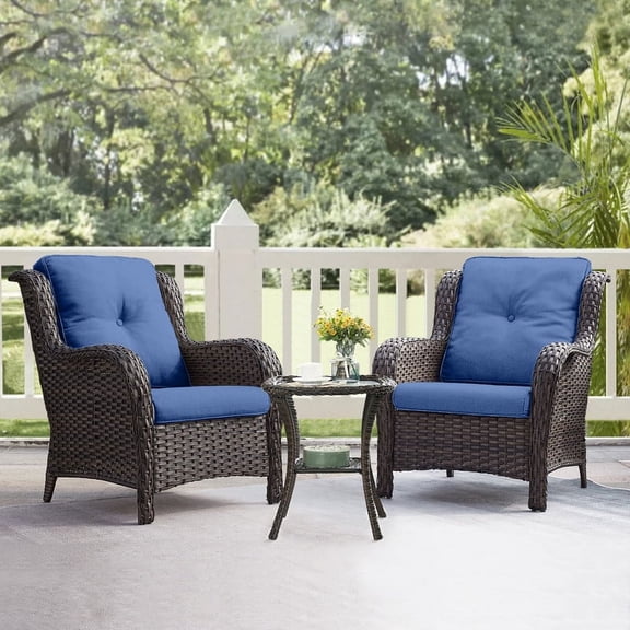 Gymojoy 3 Piece Patio Conversation Bistro Set Outdoor Chat Furniture, Porch Balcony Furniture Set,Wicker Lounge Chairs with Side Table Set,Navy