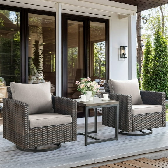 Gymojoy 3 Pieces Brown Wicker Patio Furniture Outdoor Swivel Rocker Patio Glider Chairs Set of 2 with Side Table Beige Cushion