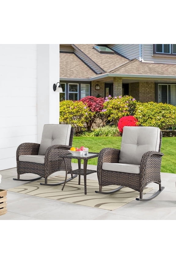 3 Pieces Outdoor Chat Chair Set PE Rattan Patio Conversation Set of 2, Rocking Chair with Cushion and Side Table, Brown/Beige