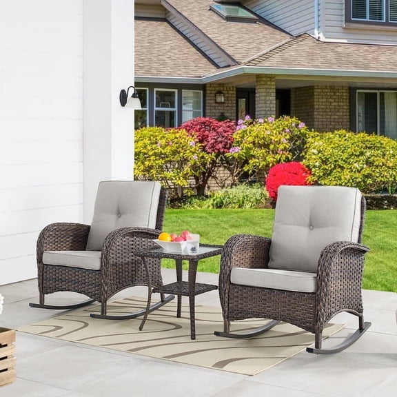 Gymojoy 3 Pieces Outdoor Chat Chair Set PE Rattan Patio Conversation Set of 2, Rocking Chair with Cushion and Side Table, Brown/Beige