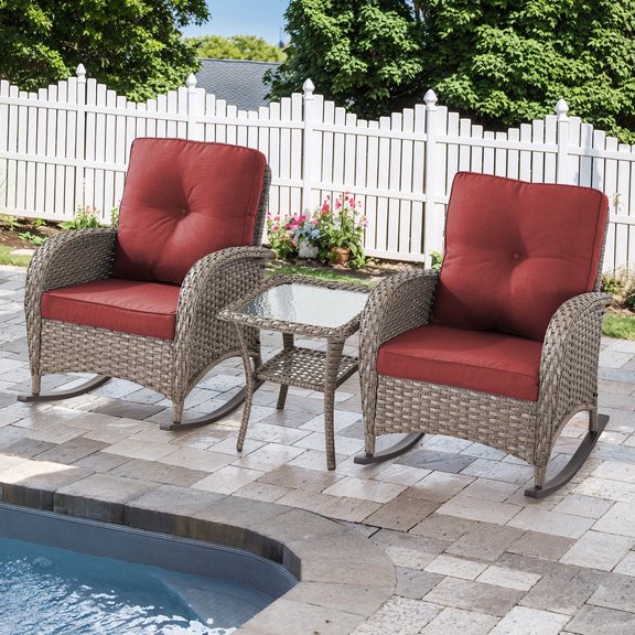 Gymojoy 3 Pieces Outdoor Chat Chair Set PE Rattan Patio Conversation Set of 2, Rocking Chair with Cushion and Side Table, Brown/Blue