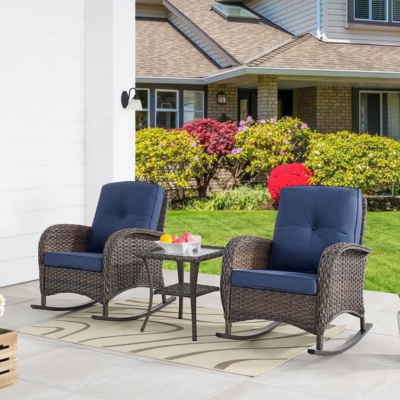 Gymojoy 3 Pieces Outdoor Chat Chair Set PE Rattan Patio Conversation Set of 2, Rocking Chair with Cushion and Side Table, Brown/Blue