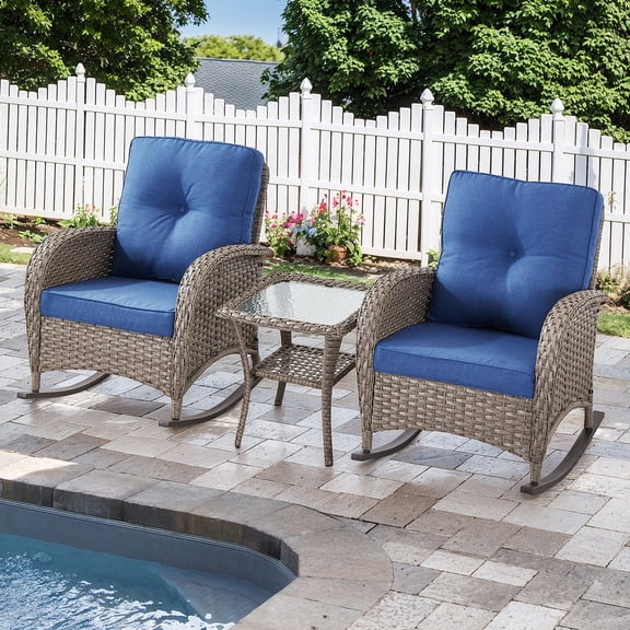 Gymojoy 3 Pieces PE Wicker Rocking Chair Outdoor Conversation Sets with 2 Rocking Chairs and 1 Side Table, Gray/Blue