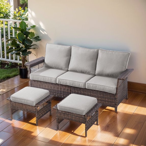 Gymojoy 3 Pieces Outdoor Patio Sectional Sofa Set, All-Weather Wicker Rattan Couch Outdoor Conversation Set with Ottoman, Gray