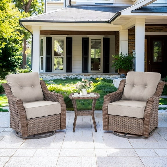 Gymojoy 3 Pieces Outdoor Swivel Rocker Patio Chairs, Wicker Patio Bistro Set with 2 Rocking Chairs and 1 Side Table, Patio Furniture Set with 6-inch.Thickened Cushions for Porch, Backyard