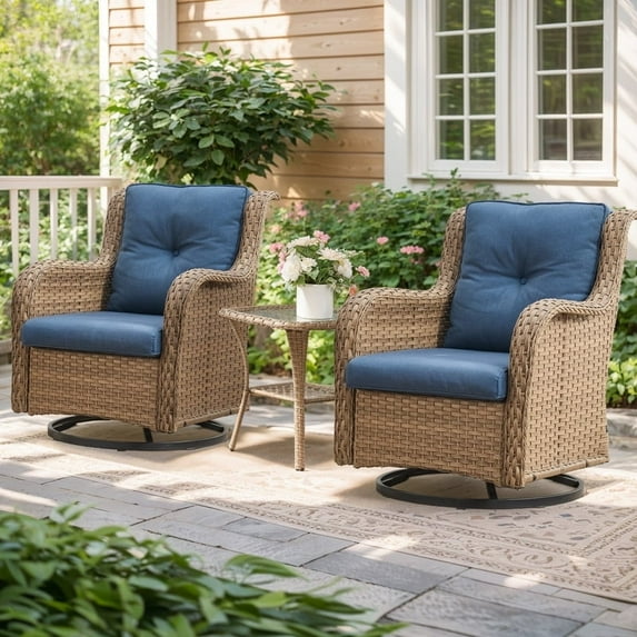 Gymojoy 3 Pieces Outdoor Wicker Swivel Rocker Patio Set,Patio Conversation Set, Swivel Rocking Chairs Set with Side Table( Yellow Wicker/Navy Cushion)