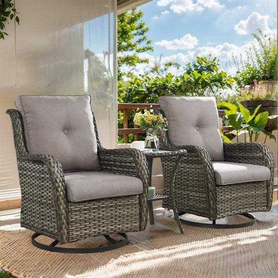 Gymojoy 3 Pieces Outdoor Wicker Swivel Rocker Patio Set,Patio Conversation Set, Swivel Rocking Chairs Set with Side Table( Gray Wicker/Gray Cushion)