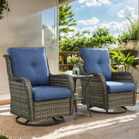 Gymojoy 3 Pieces Outdoor Wicker Swivel Rocker Patio Set,Patio Conversation Set, Swivel Rocking Chairs Set with Side Table( Gray Wicker/Navy Cushion)