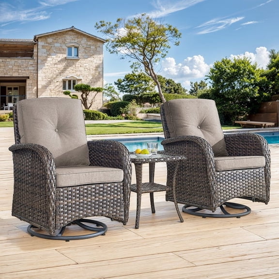 Gymojoy 3 Pieces Patio Conversation Set,Outdoor Swivel Gliders Rocking Lounge Chair, Glass Top Side Table (Brown/Gray)