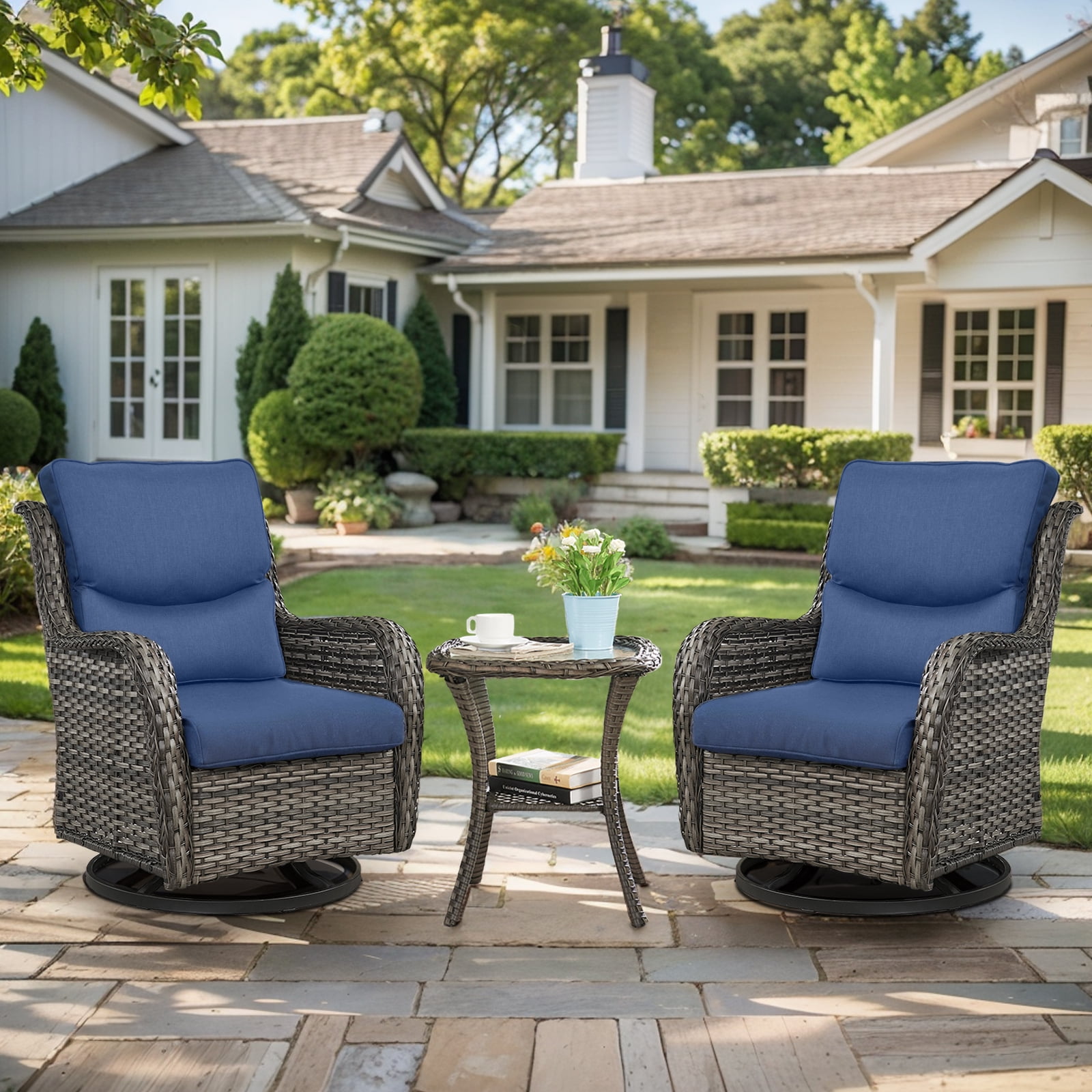 Gymojoy 3 Pieces Patio Furniture Coversation Set, Outdoor Swivel Gliders Rocker, Wicker Patio Bistro Set with Rattan Rocking Chair for Backyard(Navy Blue)