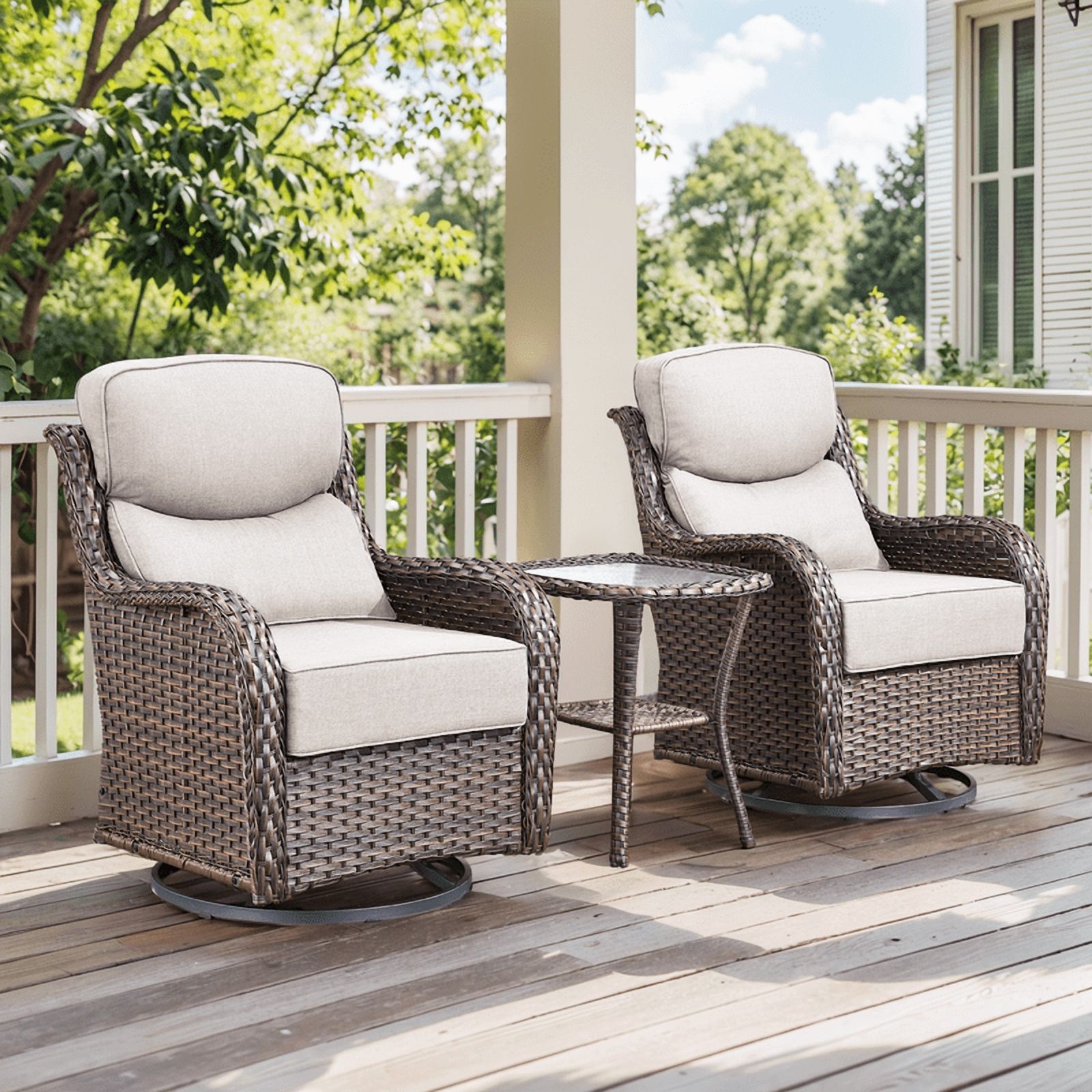 Gymojoy 3 Pieces Patio Furniture Set, Outdoor Swivel Glider Rocker, Wicker Patio Bistro Set with Rocking Chair, 6-inch Thick Cushions and Side Table for Porch