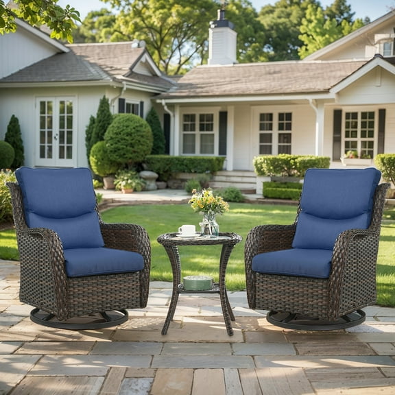 Gymojoy 3 Pieces Patio Furniture Set, Outdoor Swivel Gliders Rocker, Wicker Patio Bistro Set with Rattan Rocking Chair for Backyard,Porch(Navy Blue)