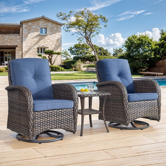 Gymojoy 3 Pieces Patio PE Wicker Conversation Set, Outdoor /Indoor Swivel Gliders Rocking Chair, Blue