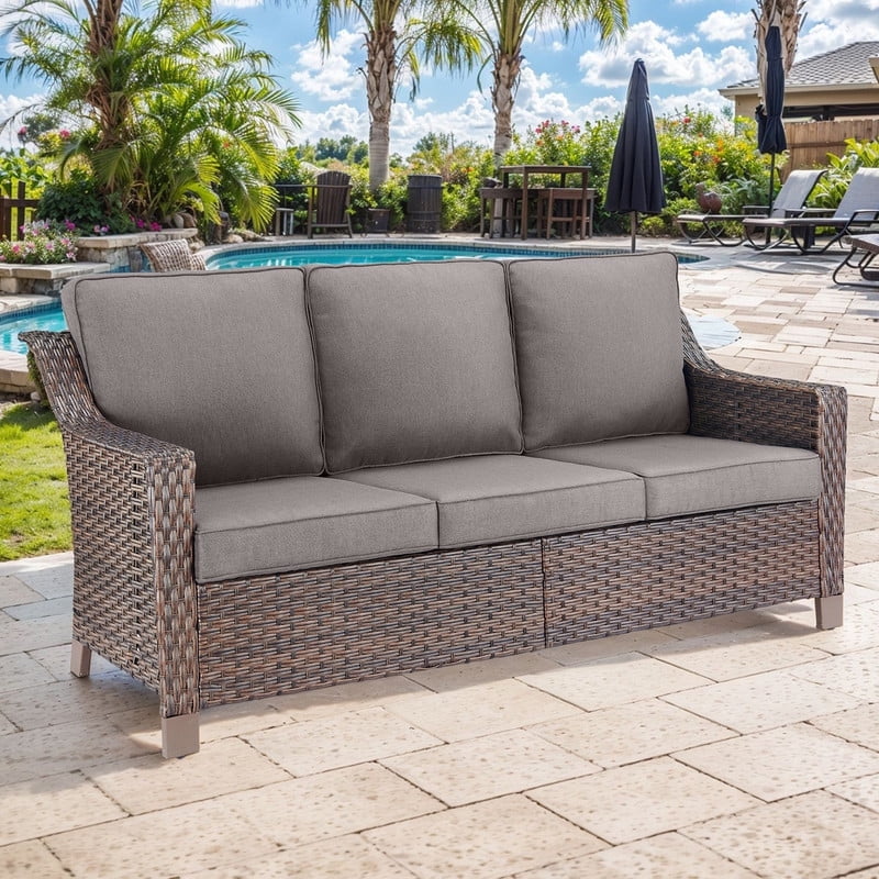 Gymojoy 3-Seat Brown Wicker Outdoor Patio Sofa Couch, Patio All-weather Seactional with Cushion, Gray