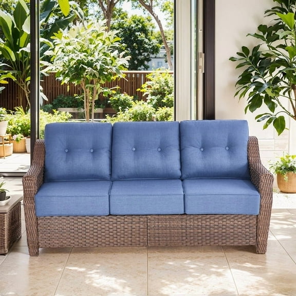 Gymojoy 3-Seat Patio Wicker Sofa Outdoor Rattan Couch Deep Seat High Back Furniture Steel Frame with 6-Inch Thicked Cushions