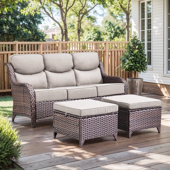 Gymojoy 3-Seat Patio Wicker Sofa Outdoor Rattan Couch Furniture Steel Frame with 6 in. Cushions and Ottoman for Porch Deck Garden