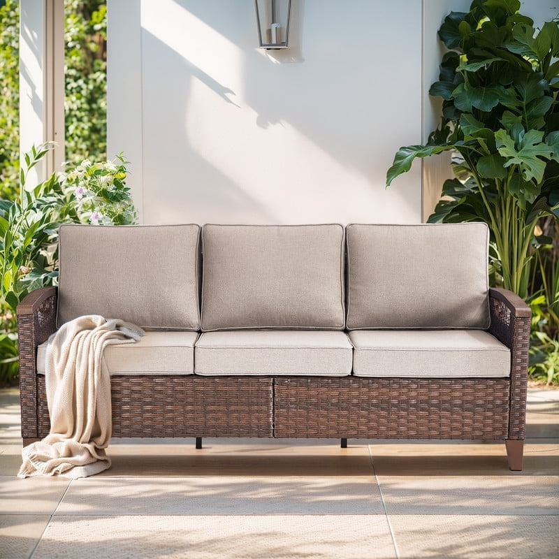 Gymojoy 3-Seat Patio Wicker Sofa, Outdoor Rattan Couch Furniture Steel Frame with Deep Seat High Back,Beige