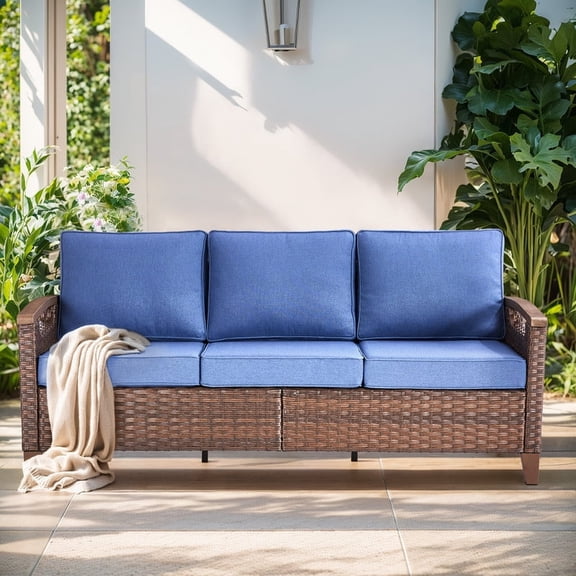 Gymojoy 3-Seat Patio Wicker Sofa, Outdoor Rattan Couch Furniture Steel Frame with Deep Seat High Back,Navy