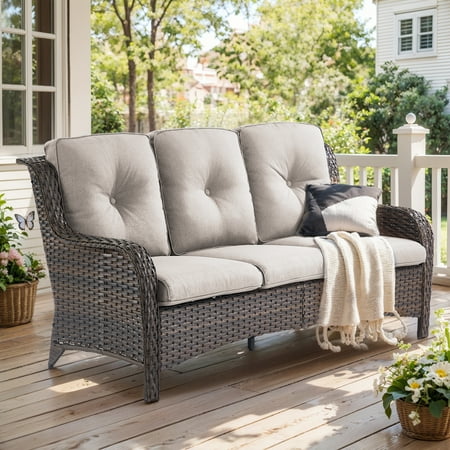 Gymojoy 3-Seat Patio Wicker Sofa Outdoor Rattan Sectional Couch Furniture Steel Frame with High Back,Deep Seat(Brown Wicker & Beige Cushion)