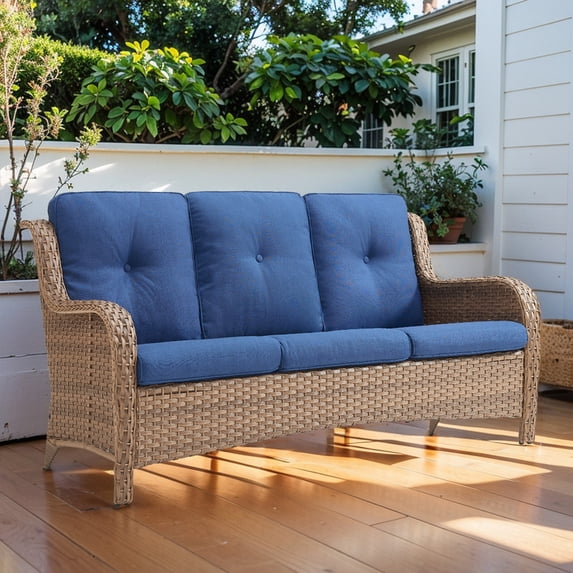 Gymojoy 3-Seat Wicker Outdoor Patio Sofa Sectional Couch with High Back and Deep Seat(Yellow Wicker & Blue Cushion)