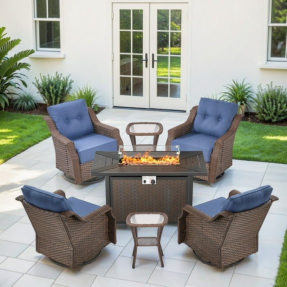 Gymojoy 4-Person Wicker Rattan Outdoor Seating Group with 43inch Fire Pit Table and Cushions, 4 Swivel Rocking Chairs and 2 Side Tables, Deep Seat and High Chair Back