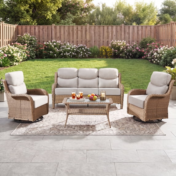 Gymojoy 4-Piece High Back Wicker Patio Outdoor Furniture Set with Sofa, Swivel Chairs, Coffee Table & 6" Cushions