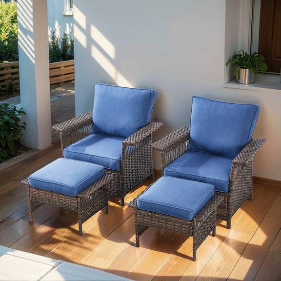 Gymojoy 4-Piece Outdoor Lounge Armchair Set, Patio PE Wicker Rattan Club Chairs,Conversation set with Blue Cushions
