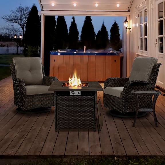Gymojoy 4-Piece Outdoor Swivel Rocker Chairs Set with Fire Pit Table, Rattan Patio Furniture Set, with 2 Rocking & Swivel Chairs, 1 Coffee Table, and 1 Fire Pit Table