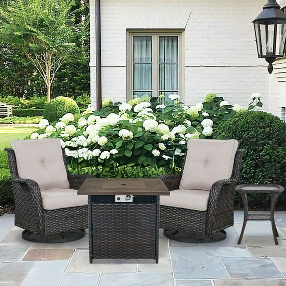 Gymojoy 4-Piece Outdoor Swivel Rocker Chairs Set with Fire Pit Table, Rattan Patio Furniture Set, with 2 Rocking & Swivel Chairs, 1 Coffee Table, and 1 Fire Pit Table