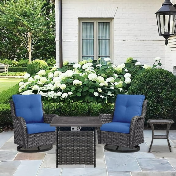 Gymojoy 4-Piece Outdoor Swivel Rocker Chairs Set with Fire Pit Table, Rattan Patio Furniture Set, with 2 Rocking & Swivel Chairs, 1 Coffee Table, and 1 Fire Pit Table