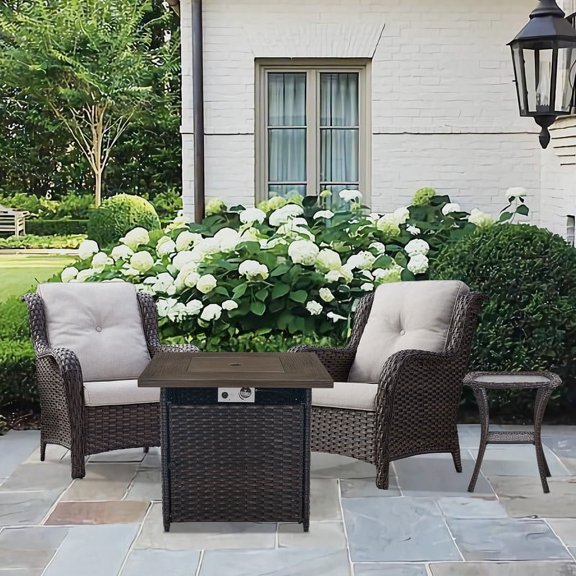 Gymojoy 4-Piece Patio Conversation Bistro Set Outdoor Chat Porch Balcony Furniture Set,Wicker Chairs and Firepit Table Set for Patio Balcony Backyard Apartment,Brown/Beige