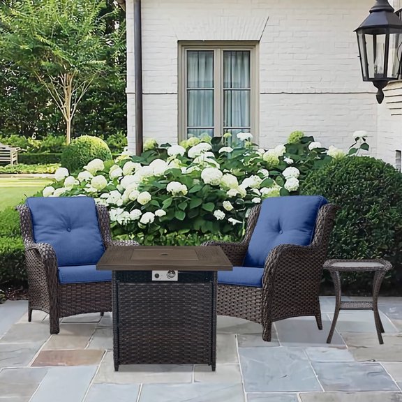Gymojoy 4-Piece Patio Conversation Bistro Set Outdoor Chat Porch Balcony Furniture Set,Wicker Chairs and Firepit Table Set for Patio Balcony Backyard Apartment,Brown/Navy