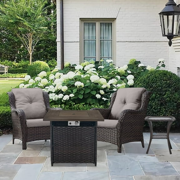 Gymojoy 4-Piece Patio Conversation Bistro Set Outdoor Chat Porch Balcony Furniture Set,Wicker Chairs and Firepit Table Set for Patio Balcony Backyard Apartment,Brown/Gray