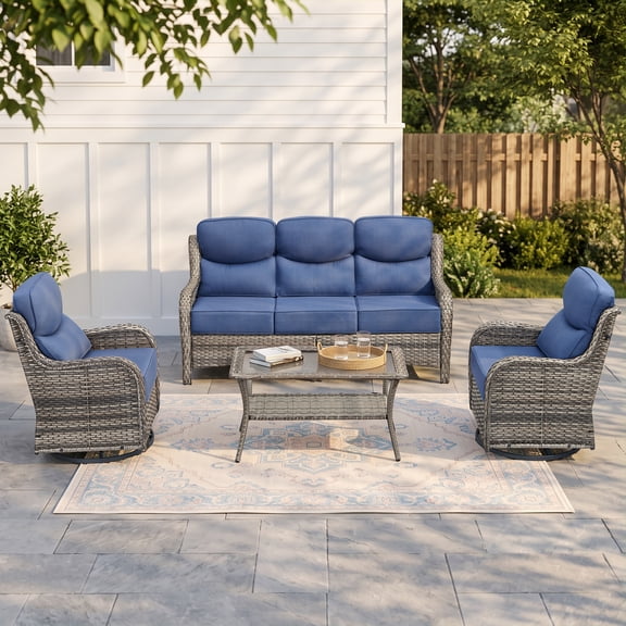Gymojoy 4-Piece Patio Furniture Set, Wicker Swivel Rocker Chairs with 6-Inch Thick Cushions, High Back Sofa, Outdoor Conversation Set with Center Table for Porch Deck, Gray/Blue