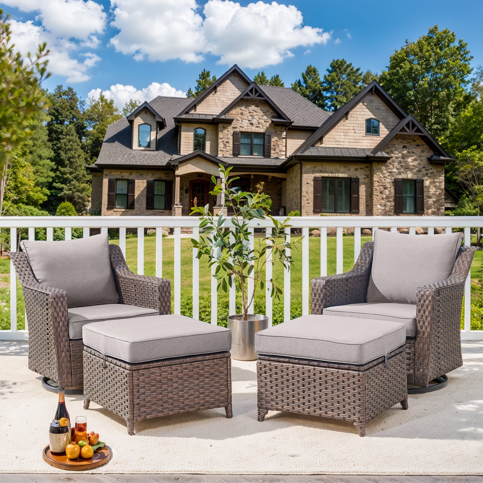 Gymojoy 4-Piece Wicker Outdoor Rocking Chairs with Ottomans, Rattan ...