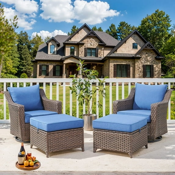 Gymojoy 4-Piece Wicker Outdoor Rocking Chairs with Ottomans, Rattan Swivel Rocker Patio Chairs for Backyard Deck Porch & Garden, Navy