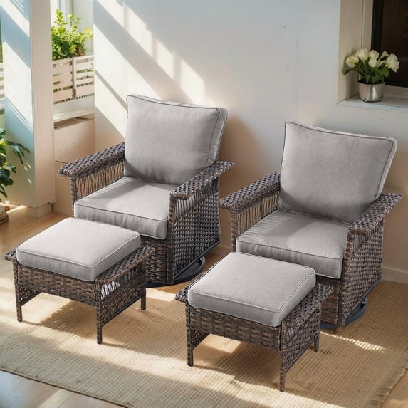 Gymojoy 4-Piece Wicker Outdoor Rocking Conversation Chair Set, Rattan Swivel Glider Patio Chairs with Ottomans, Gray