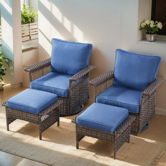 Gymojoy 4-Piece Wicker Outdoor Rocking Conversation Chair Set, Rattan Swivel Glider Patio Chairs with Ottomans, Navy