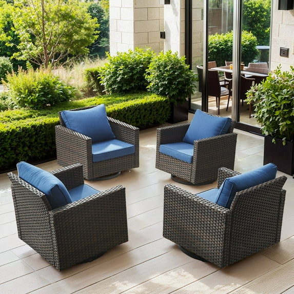 Gymojoy 4 Pieces Outdoor 360° Swivel Rocker Patio Chairs, Patio Swivel Rocking Glider Chairs Set of 4, PE Wicker Swivel Rocking Furniture Set, Brown Blue