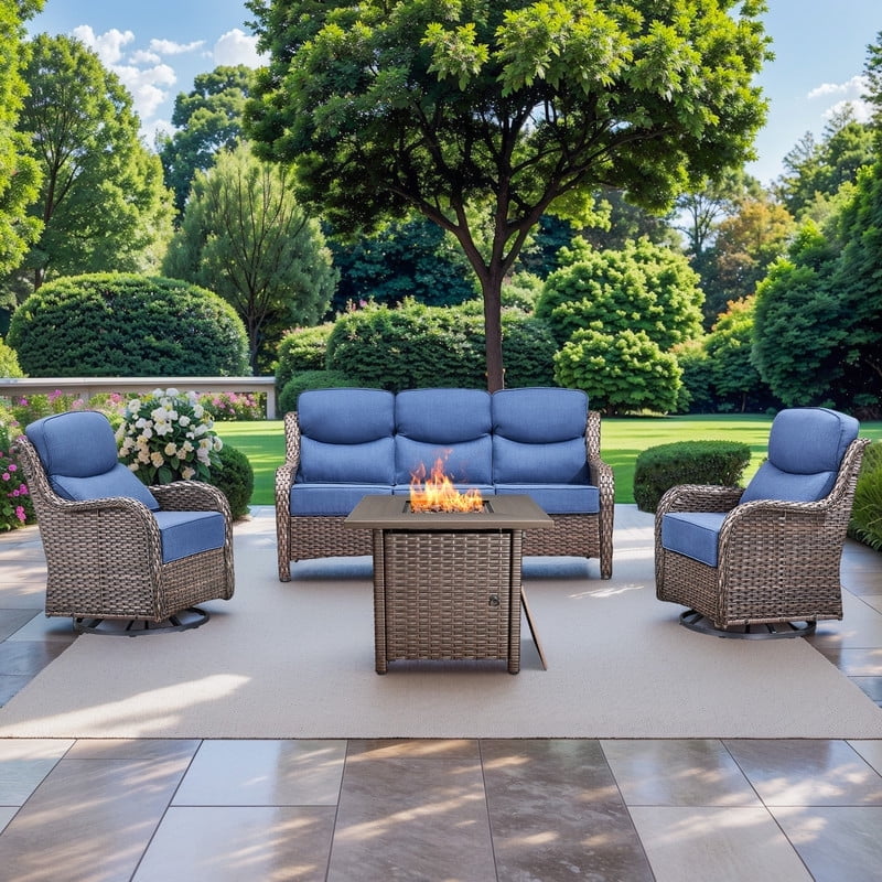 Gymojoy 4 Pieces Outdoor Patio Furniture Set with Fire Pit Table,Swivel Chairs with 6" Thick Cushion,Patio Conversation Sets for Porch Deck Garden Backyard