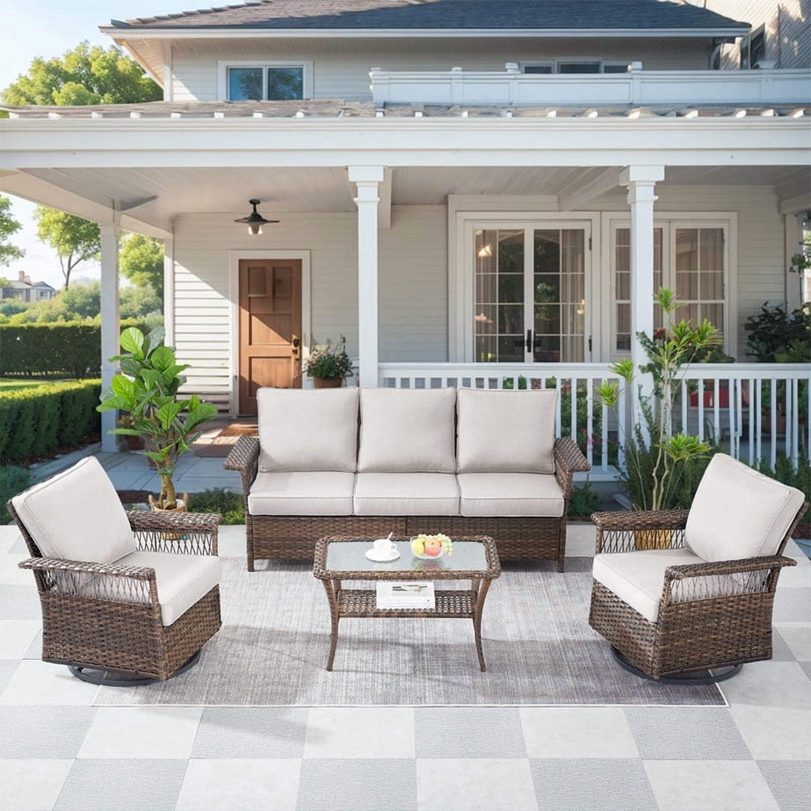 Gymojoy 4 Pieces Outdoor Patio Furniture Sofa Set Wicker Rattan Outdoor Conversation Swivel Rocking Chair Set with Hight Back Deep Seat