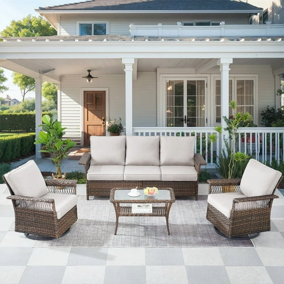 Gymojoy 4 Pieces Outdoor Patio Furniture Sofa Set Wicker Rattan Outdoor Conversation Swivel Rocking Chair Set with Hight Back Deep Seat