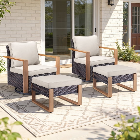 Gymojoy 4 Pieces Patio Furniture Set Outdoor Swivel Rocker Chairs Set of 2 with 2 Ottomans in Brown Wicker Beige Cushions for Porch Deck Garden Backyard