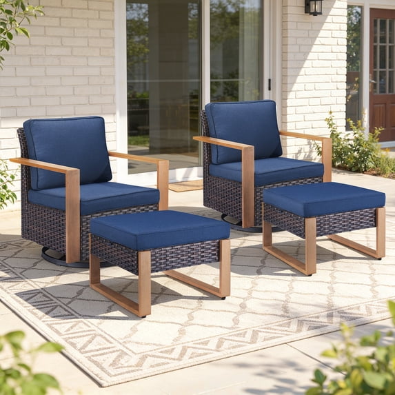 Gymojoy 4 Pieces Patio Furniture Set Outdoor Swivel Rocker Chairs Set of 2 with 2 Ottomans in Brown Wicker Blue Cushions for Porch Deck Garden Backyard