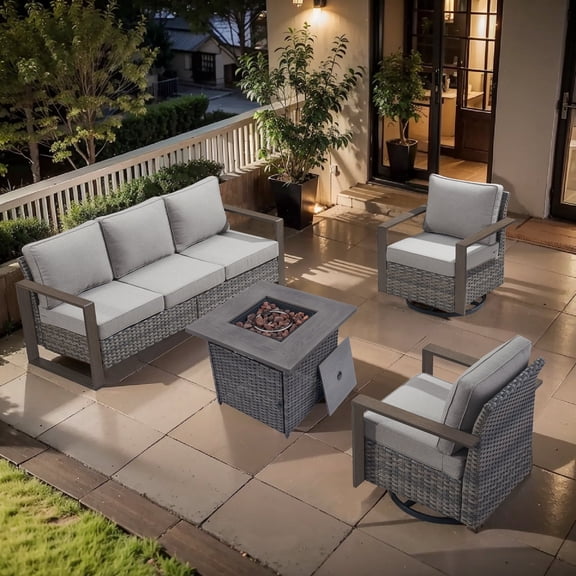 Gymojoy 4 Pieces Patio Furniture Set with Propane Fire Pit Table, Outdoor Conversation Set with 2 Swivel Glider Chairs Rattan Sofa for Deck Backyard