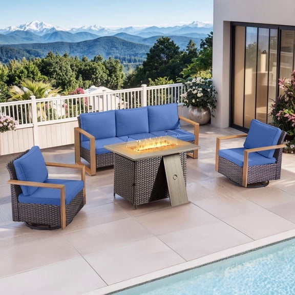 Gymojoy 4 Pieces Patio Furniture Sets with 41 inch 50,000BTU Fire Pit Table, Wicker Outdoor Conversation Sets with 2 Swivel Rocker Chairs, 1 Sofa and Cushion for Balcony Deck