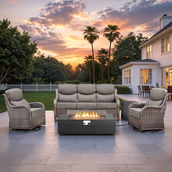 Gymojoy 4 Pieces Wicker Patio Fire Pit Sets with 2 Swivel Rocking Chairs, Sofa and 43 Inch Fire Pit Table, Outdoor Furniture Set with 6" Thick Cushion