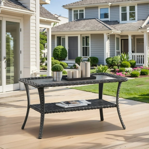 Gymojoy 40 Inches Patio Wicker Rattan Coffee Table, Outdoor Furniture Rectangle Tempered Glass Top Side Table with Storage, Gray
